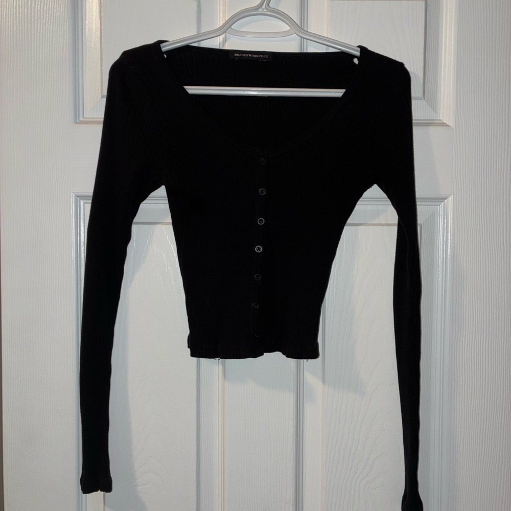 Brandy Melville Black Ribbed Button Front Cardigan Top OS XS S